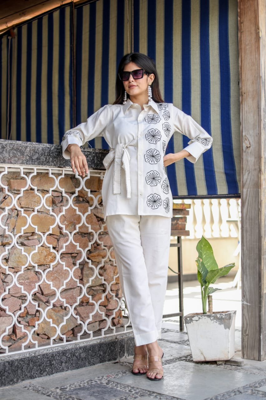 Hand-Embroidered White Cotton Co-ord Set – Luxe Comfort with Artisanal Detailing
