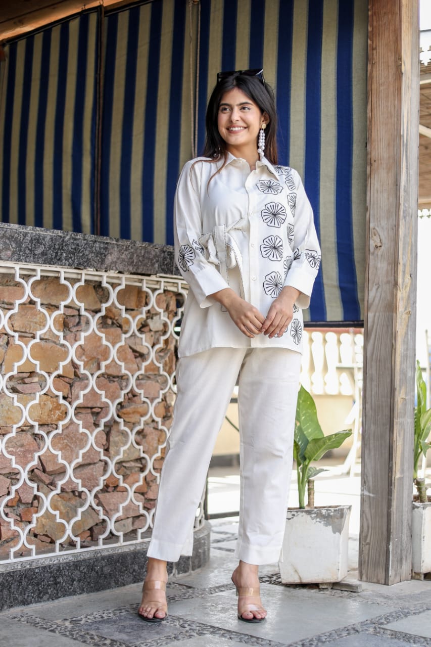 Hand-Embroidered White Cotton Co-ord Set – Luxe Comfort with Artisanal Detailing