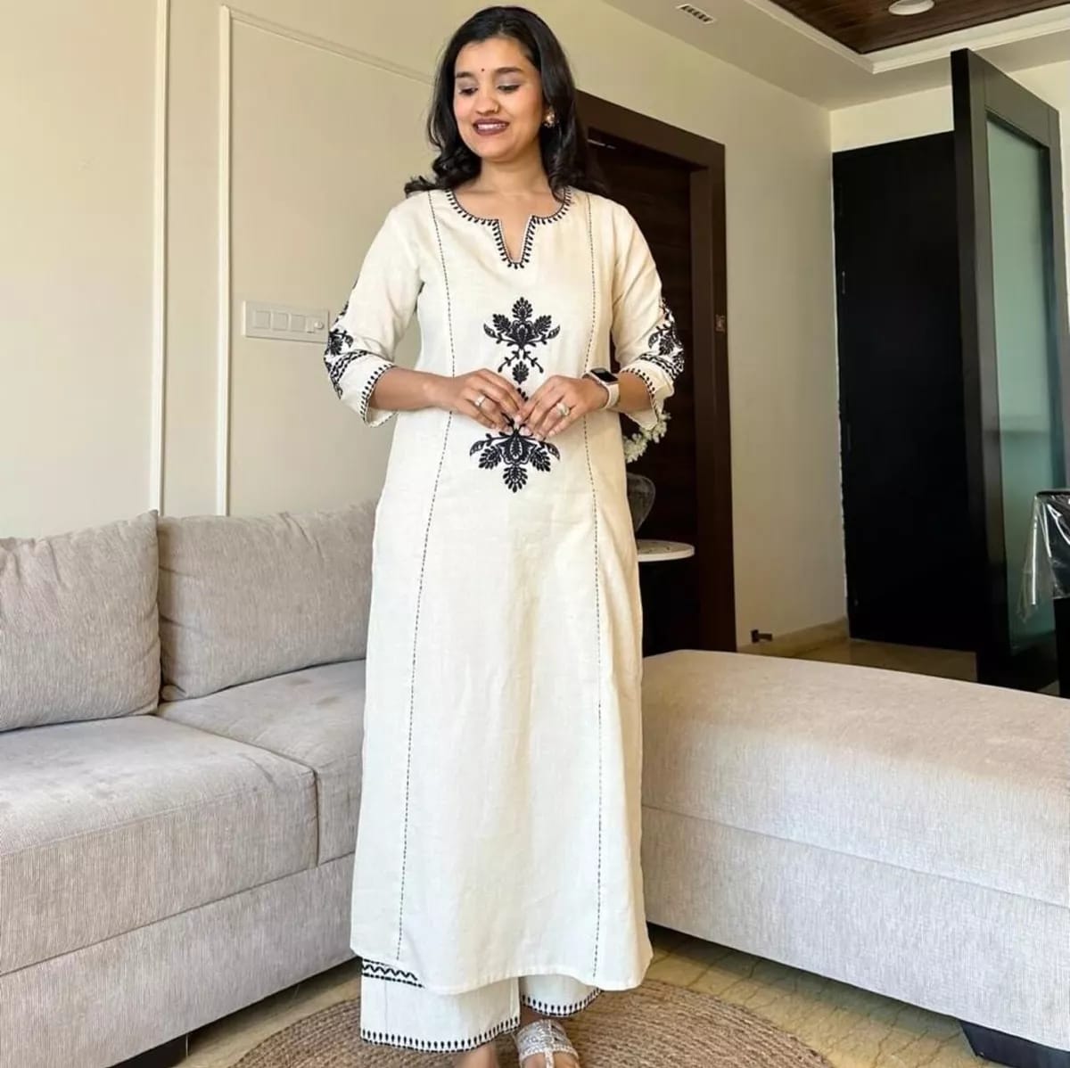 Elegant Hand-Embroidered Ivory Co-ord Set – Timeless Craftsmanship & Modern Comfort