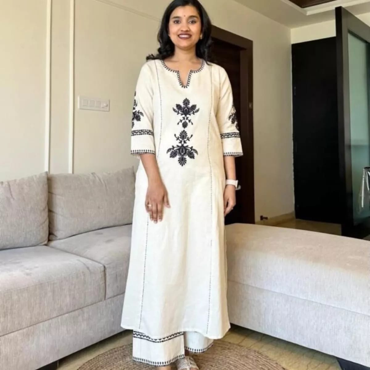 Elegant Hand-Embroidered Ivory Co-ord Set – Timeless Craftsmanship & Modern Comfort