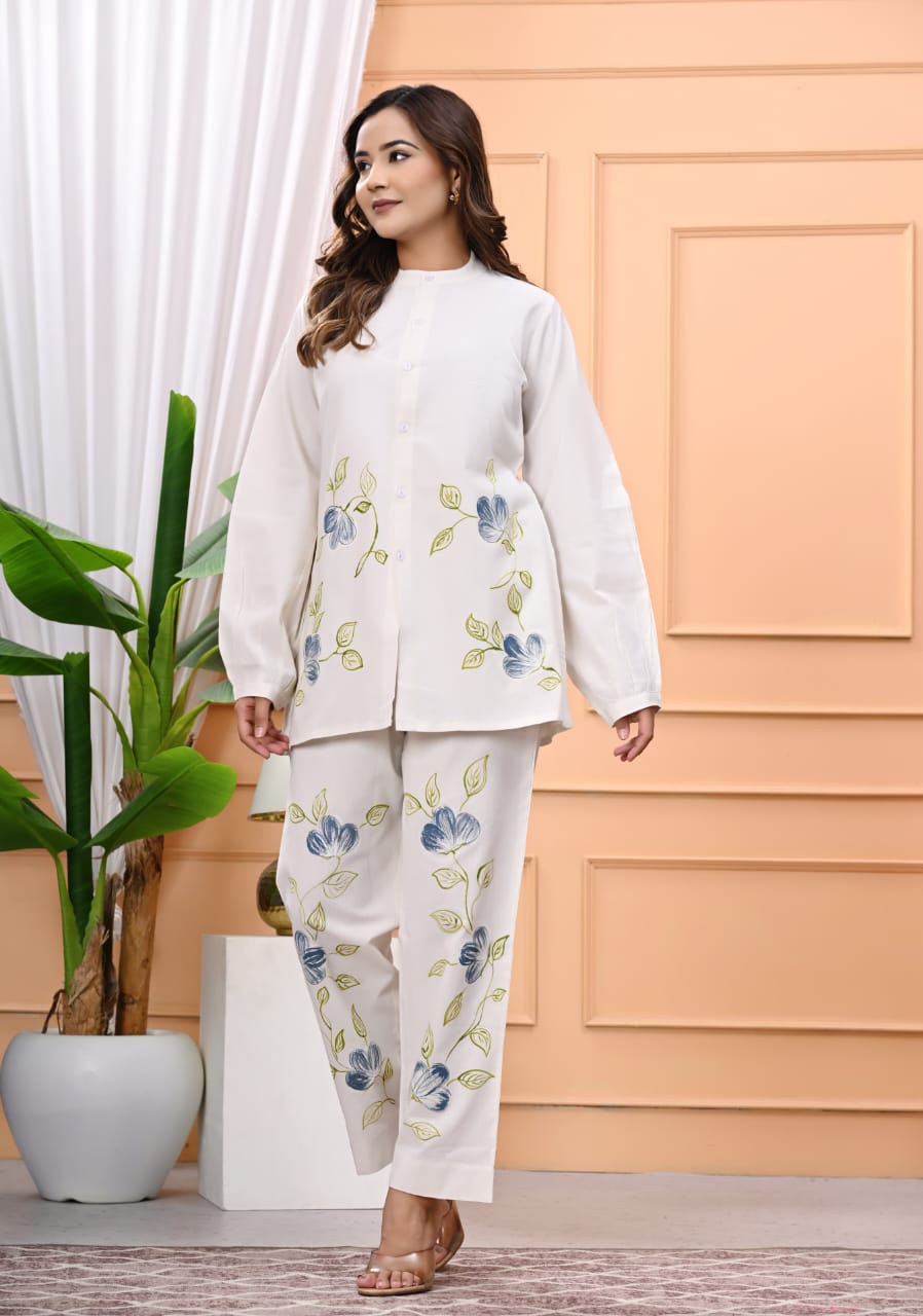 Hand Brush Painted Cotton Flax Co-ord Set – Artistic Elegance in Every Stroke