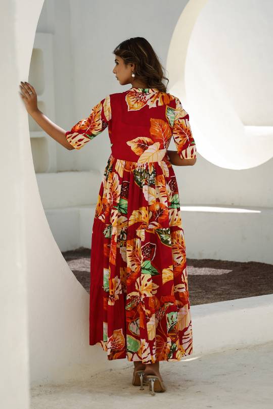 Vibrant Red Floral Maxi Dress with Tropical Patterns