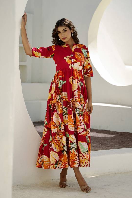 Vibrant Red Floral Maxi Dress with Tropical Patterns