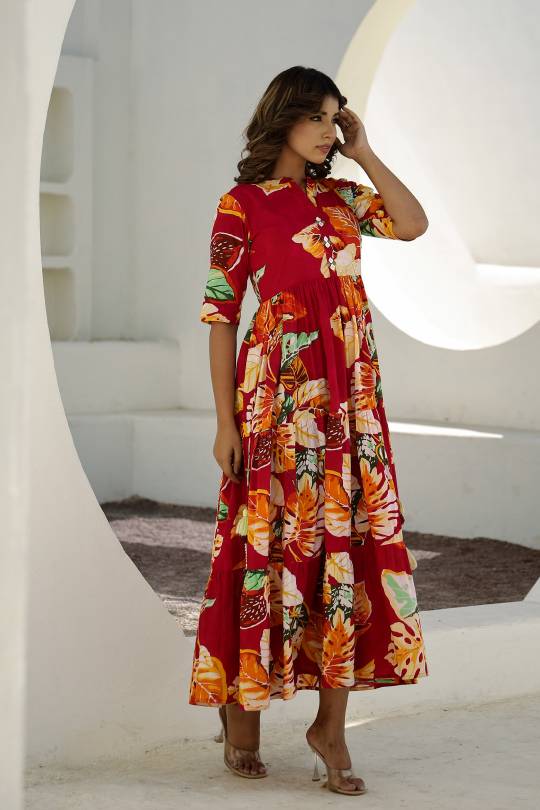 Vibrant Red Floral Maxi Dress with Tropical Patterns