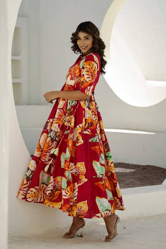 Vibrant Red Floral Maxi Dress with Tropical Patterns