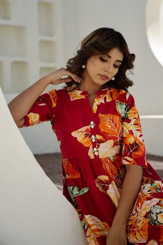Vibrant Red Floral Maxi Dress with Tropical Patterns
