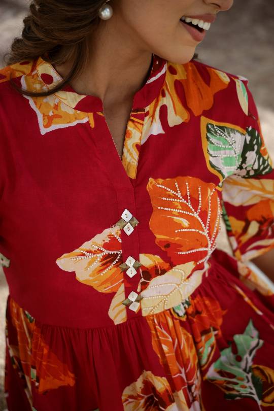 Vibrant Red Floral Maxi Dress with Tropical Patterns