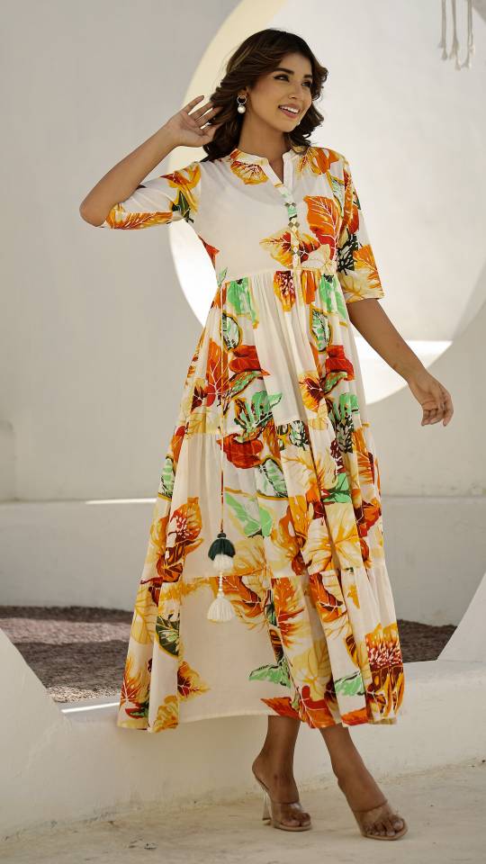 Cream Floral Maxi Dress with Tropical Leaf Patterns