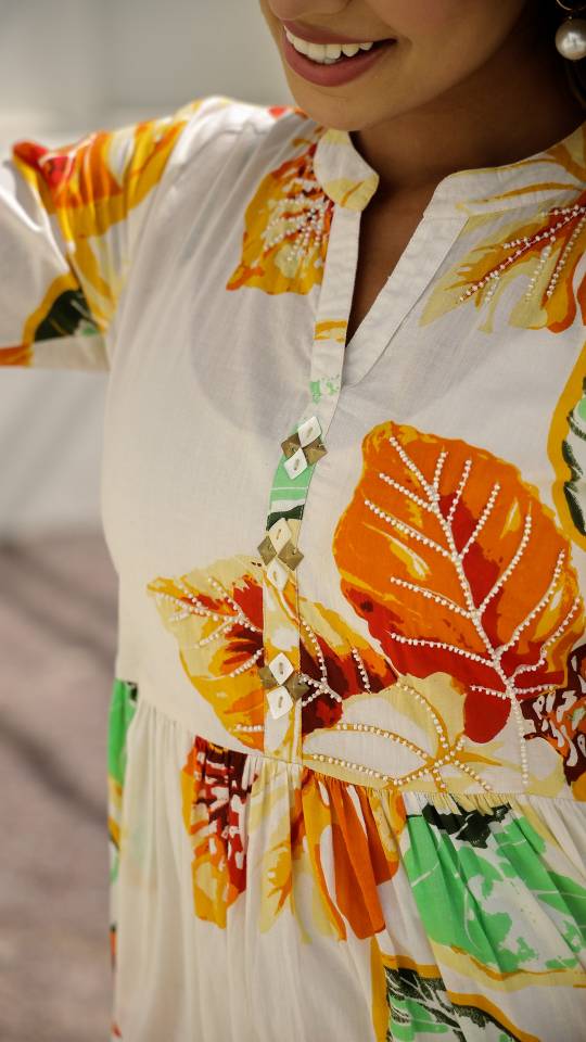 Cream Floral Maxi Dress with Tropical Leaf Patterns