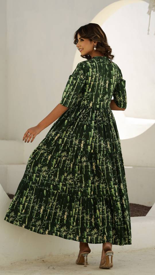 Green Bamboo Print Maxi Dress with Button Detail