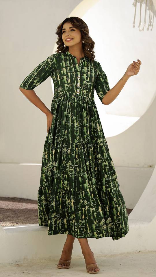 Green Bamboo Print Maxi Dress with Button Detail