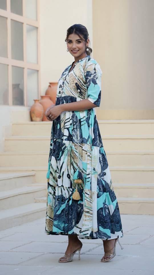Aqua Abstract Print Maxi Dress with Artistic Flair