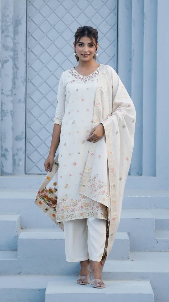 Cotton Jacquard Kurta Pant Dupatta Set for Women – Intricate Ada Work
