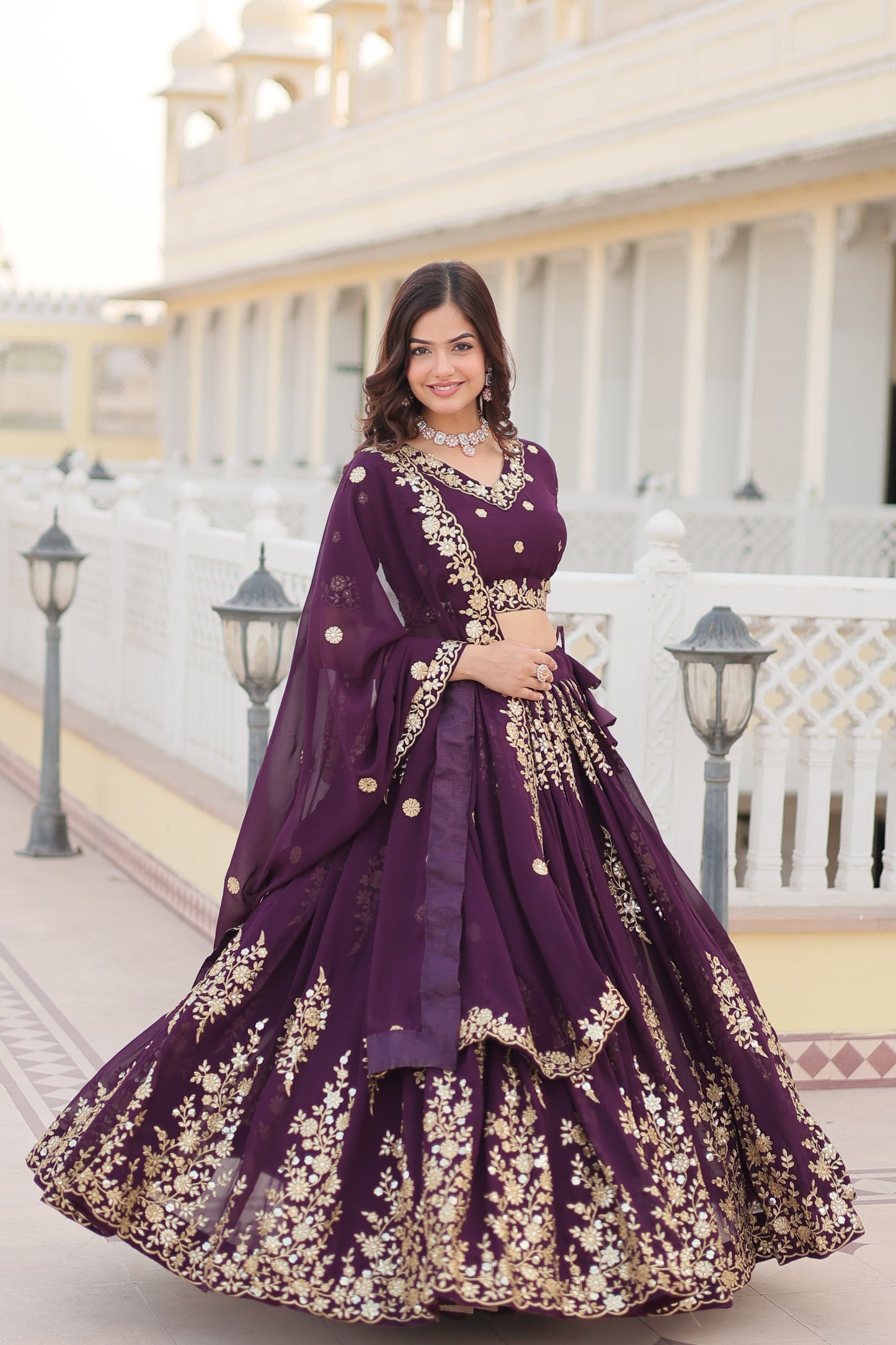 Trending Wine Embroidered Fully Flaired Georgette Lehenga Made with Rich Sequins And Thread Embroidered Work With Stunning Blouse And Dupatta.