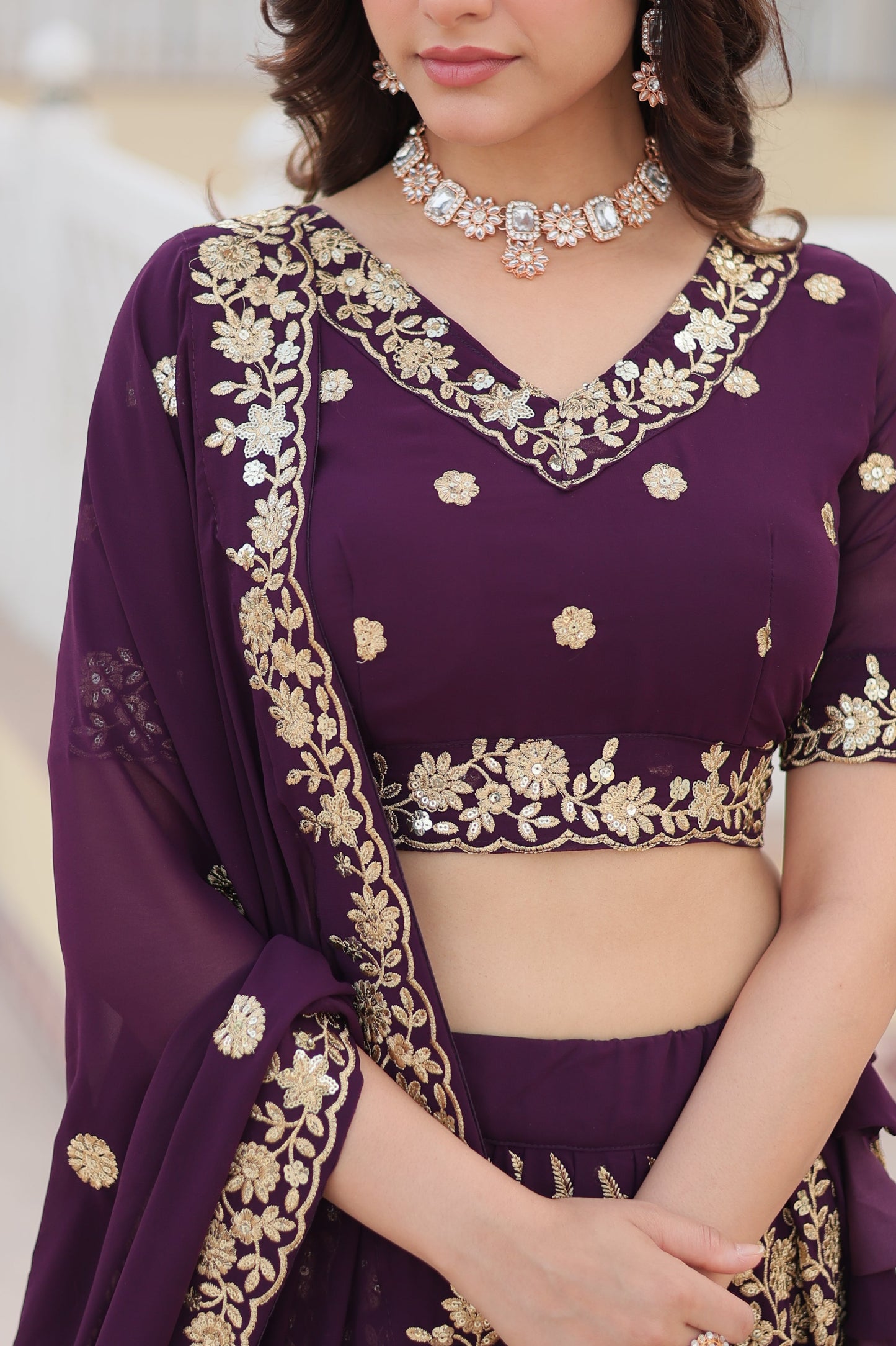 Trending Wine Embroidered Fully Flaired Georgette Lehenga Made with Rich Sequins And Thread Embroidered Work With Stunning Blouse And Dupatta.