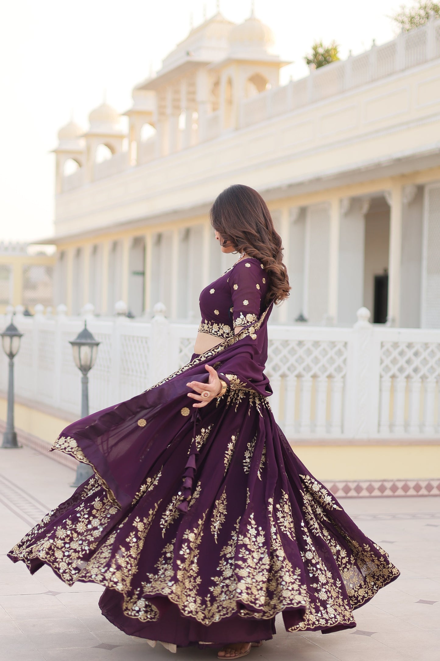 Trending Wine Embroidered Fully Flaired Georgette Lehenga Made with Rich Sequins And Thread Embroidered Work With Stunning Blouse And Dupatta.