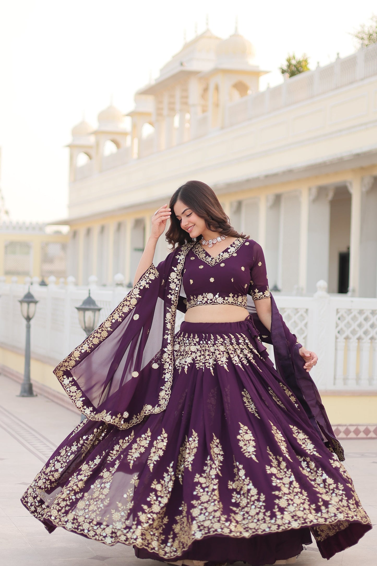 Trending Wine Embroidered Fully Flaired Georgette Lehenga Made with Rich Sequins And Thread Embroidered Work With Stunning Blouse And Dupatta.