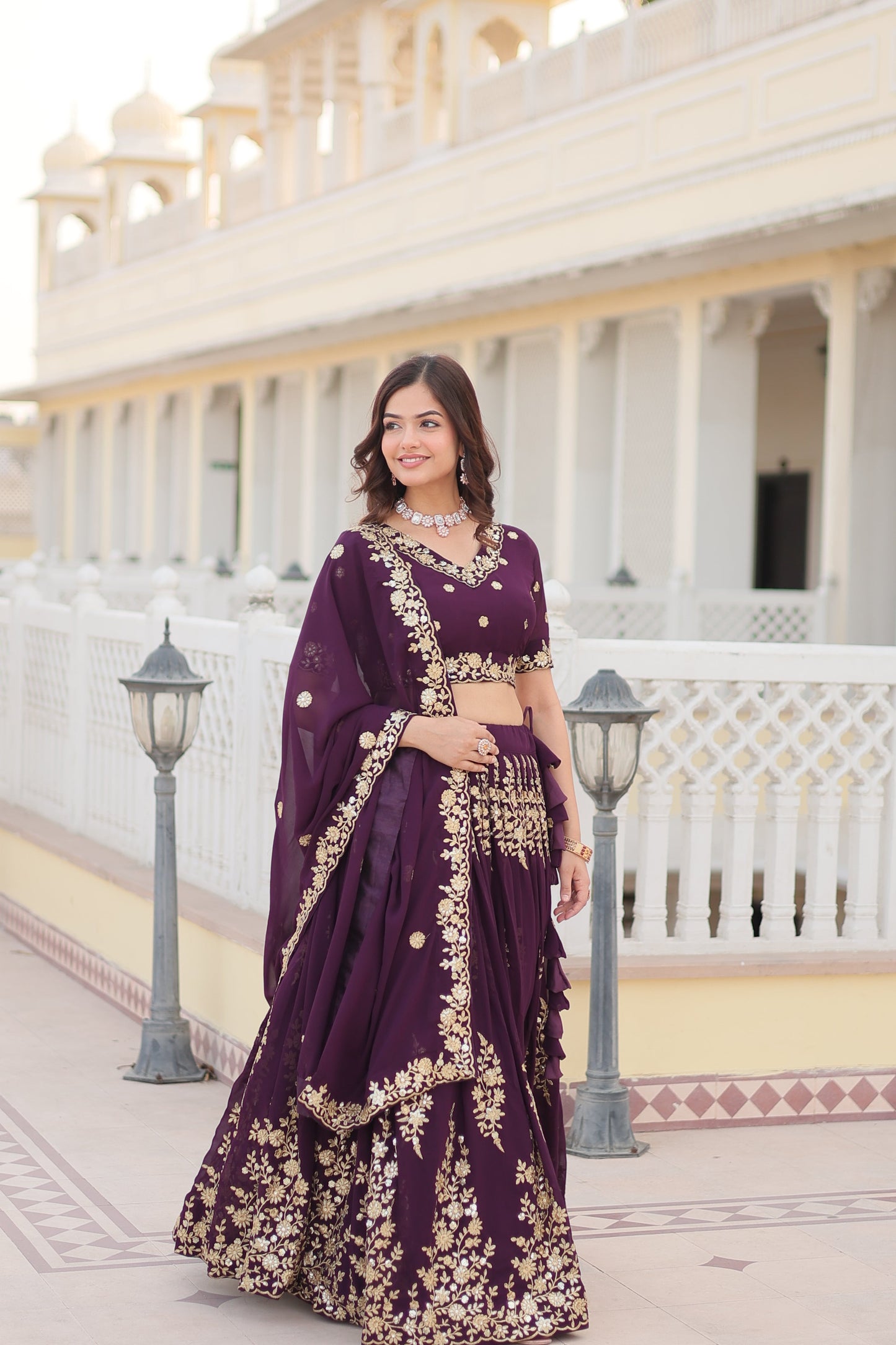 Trending Wine Embroidered Fully Flaired Georgette Lehenga Made with Rich Sequins And Thread Embroidered Work With Stunning Blouse And Dupatta.