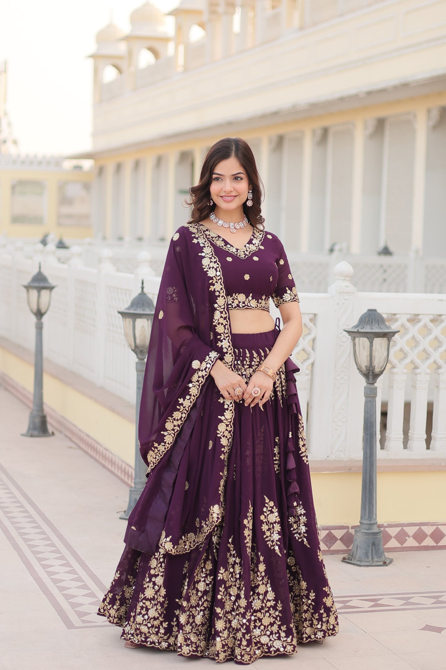 Trending Wine Embroidered Fully Flaired Georgette Lehenga Made with Rich Sequins And Thread Embroidered Work With Stunning Blouse And Dupatta.