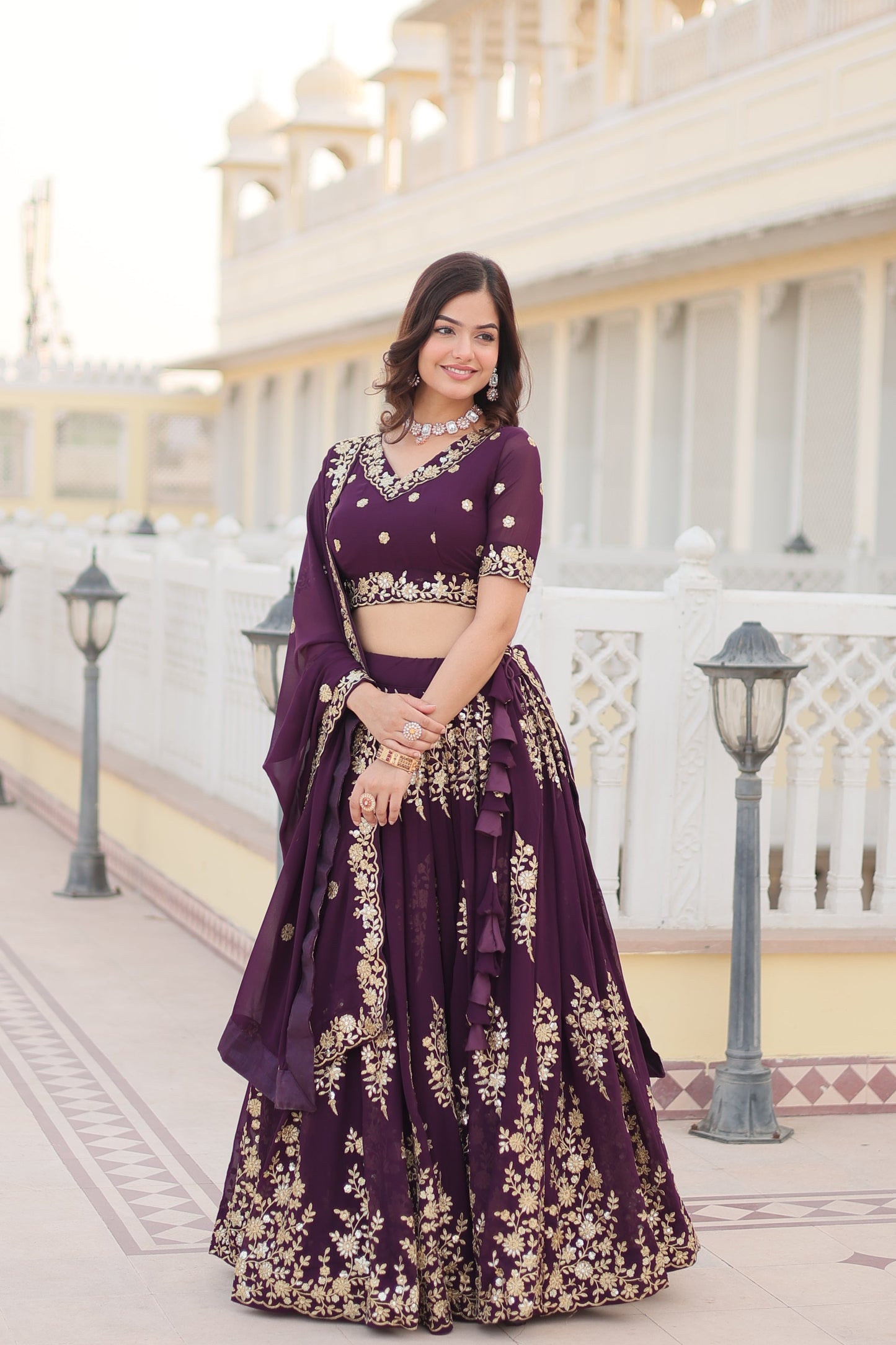Trending Wine Embroidered Fully Flaired Georgette Lehenga Made with Rich Sequins And Thread Embroidered Work With Stunning Blouse And Dupatta.