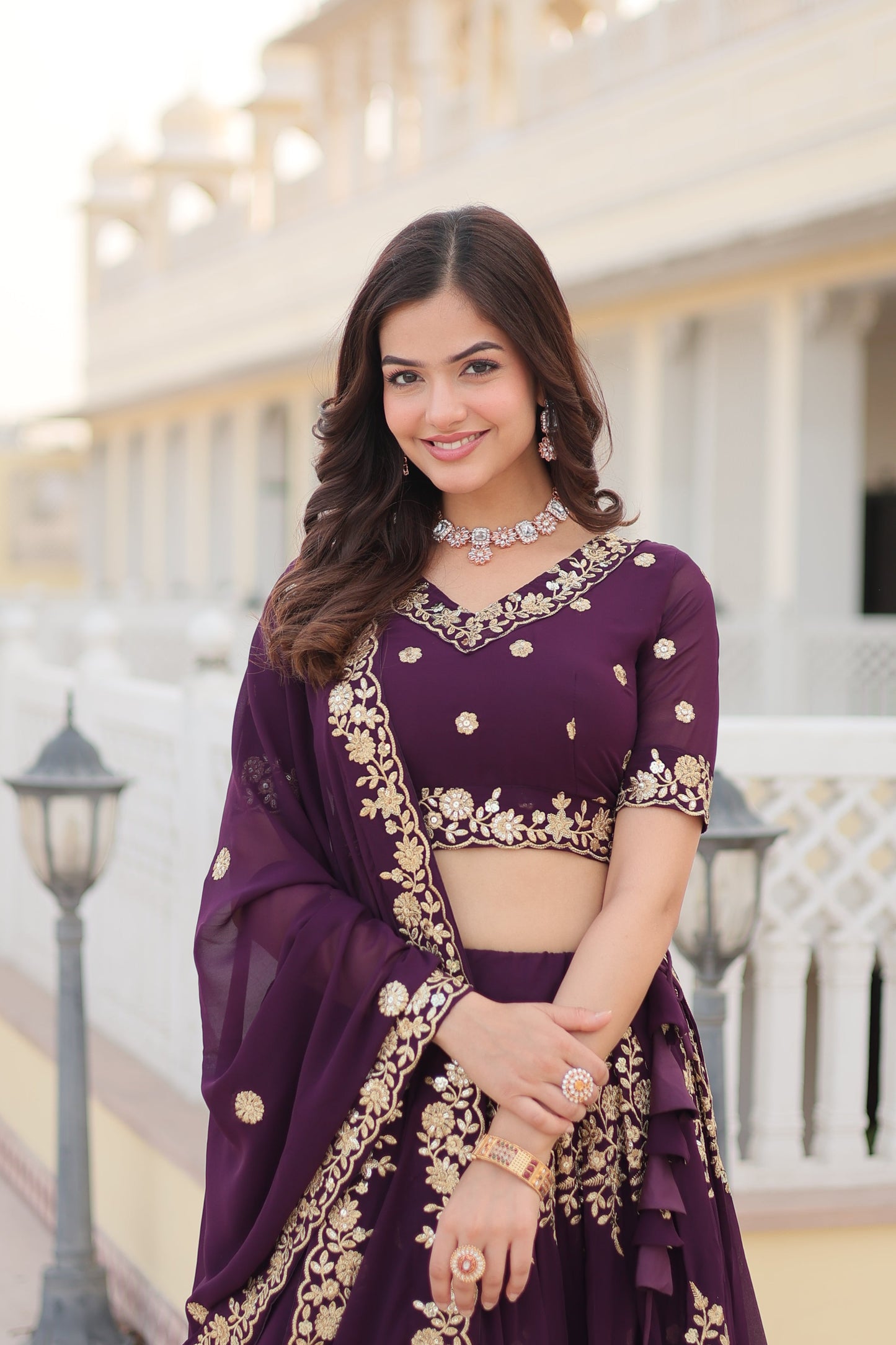 Trending Wine Embroidered Fully Flaired Georgette Lehenga Made with Rich Sequins And Thread Embroidered Work With Stunning Blouse And Dupatta.