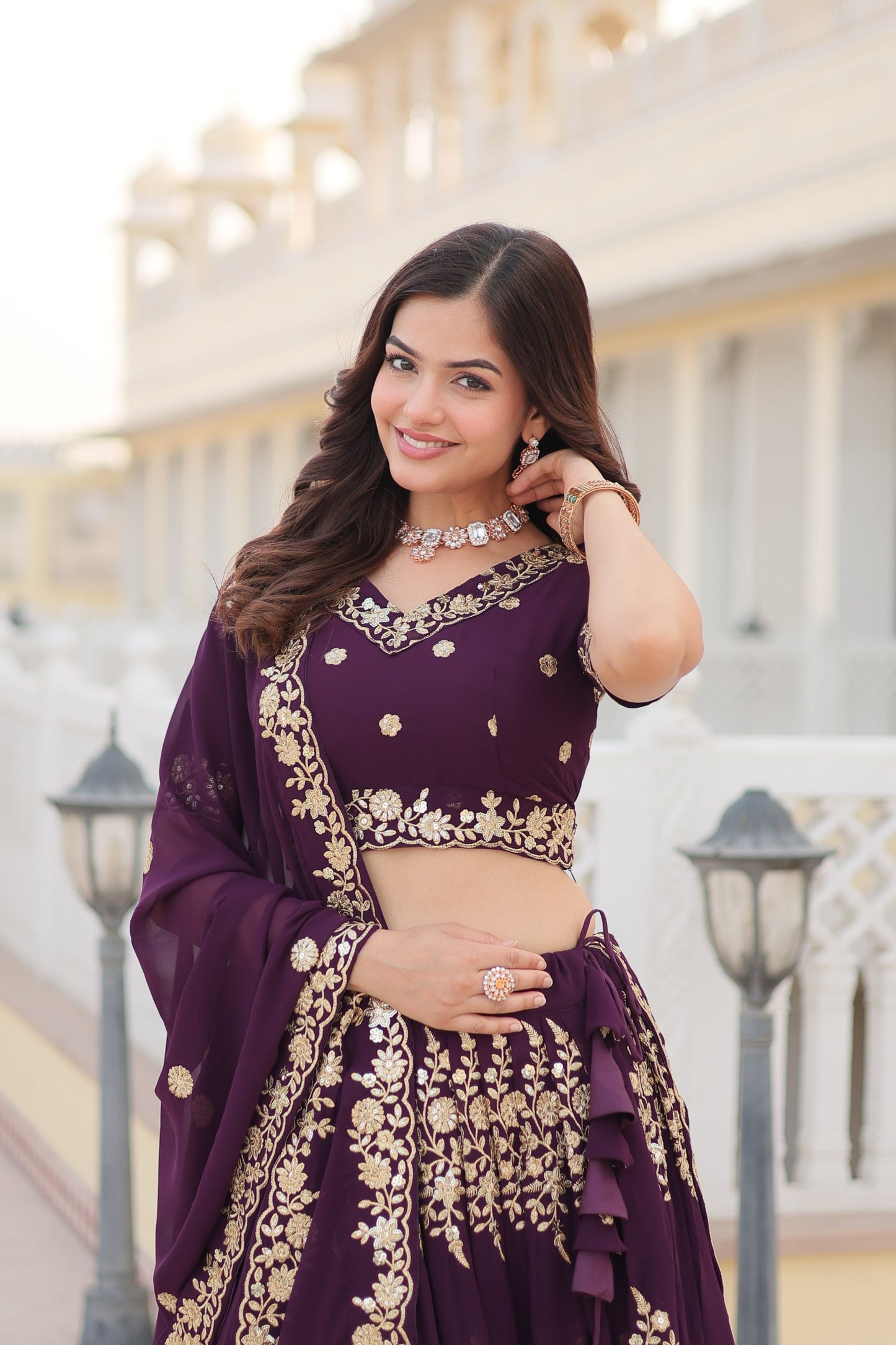 Trending Wine Embroidered Fully Flaired Georgette Lehenga Made with Rich Sequins And Thread Embroidered Work With Stunning Blouse And Dupatta.