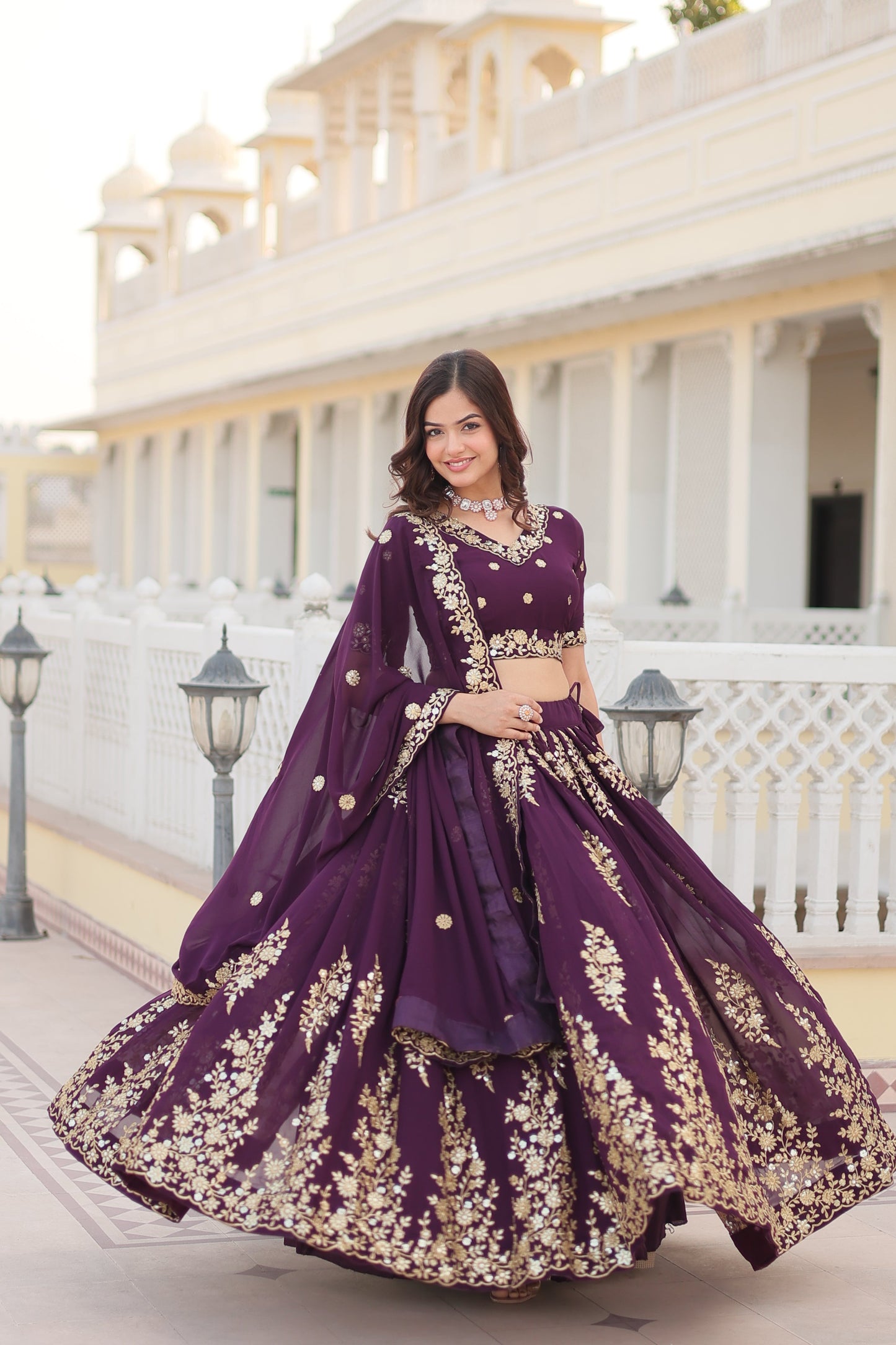 Trending Wine Embroidered Fully Flaired Georgette Lehenga Made with Rich Sequins And Thread Embroidered Work With Stunning Blouse And Dupatta.