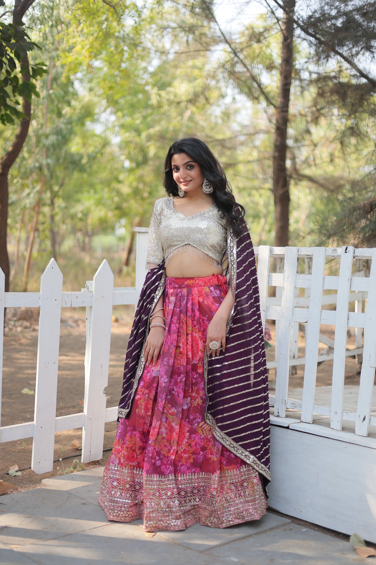 Elegant Embroidered Georgette Lehenga Set with Sequins, Blouse & Dupatta