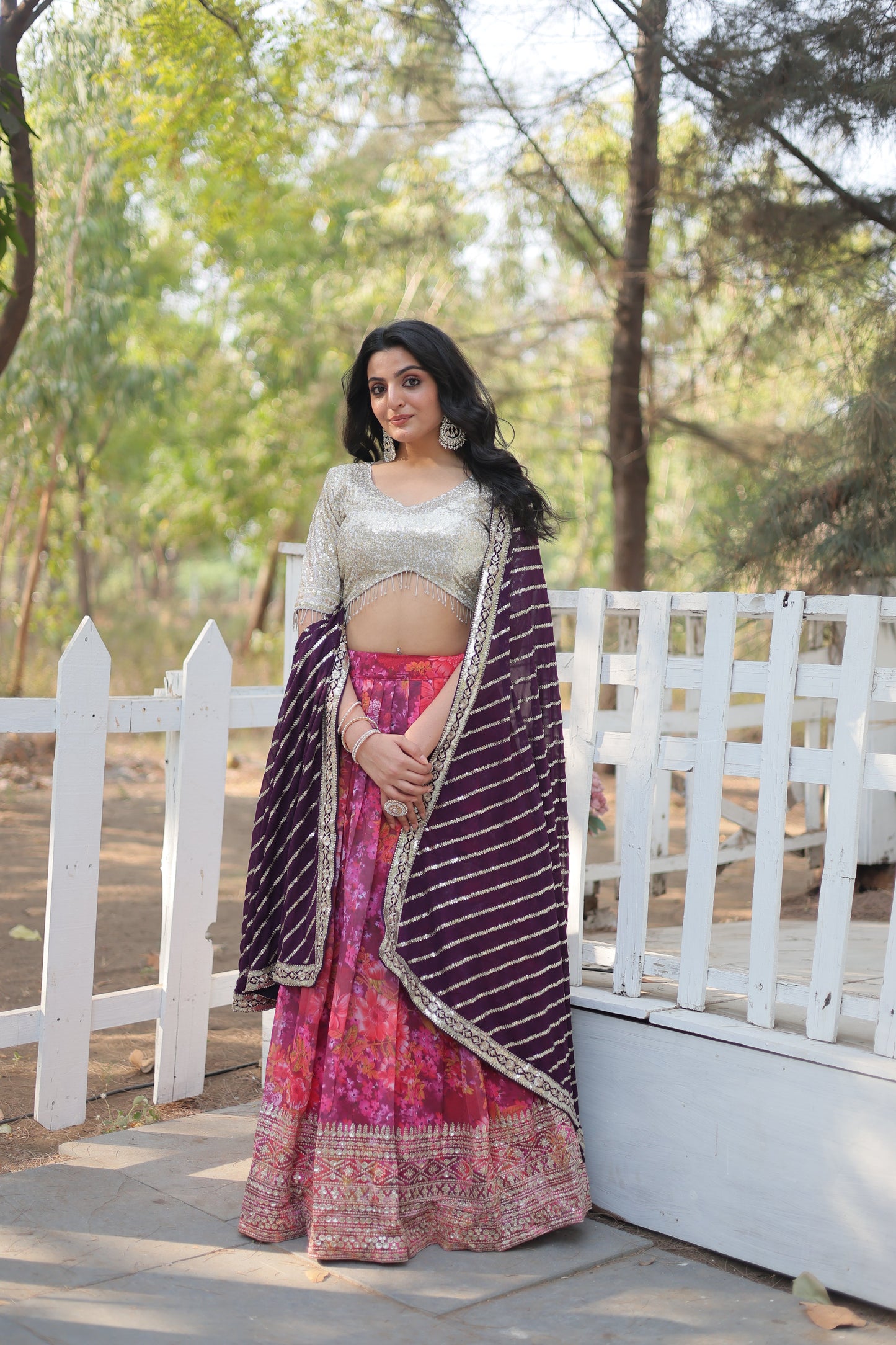 Designer Wine Georgette Lehenga with Heavy Embroidery, Blouse & Dupatta Set