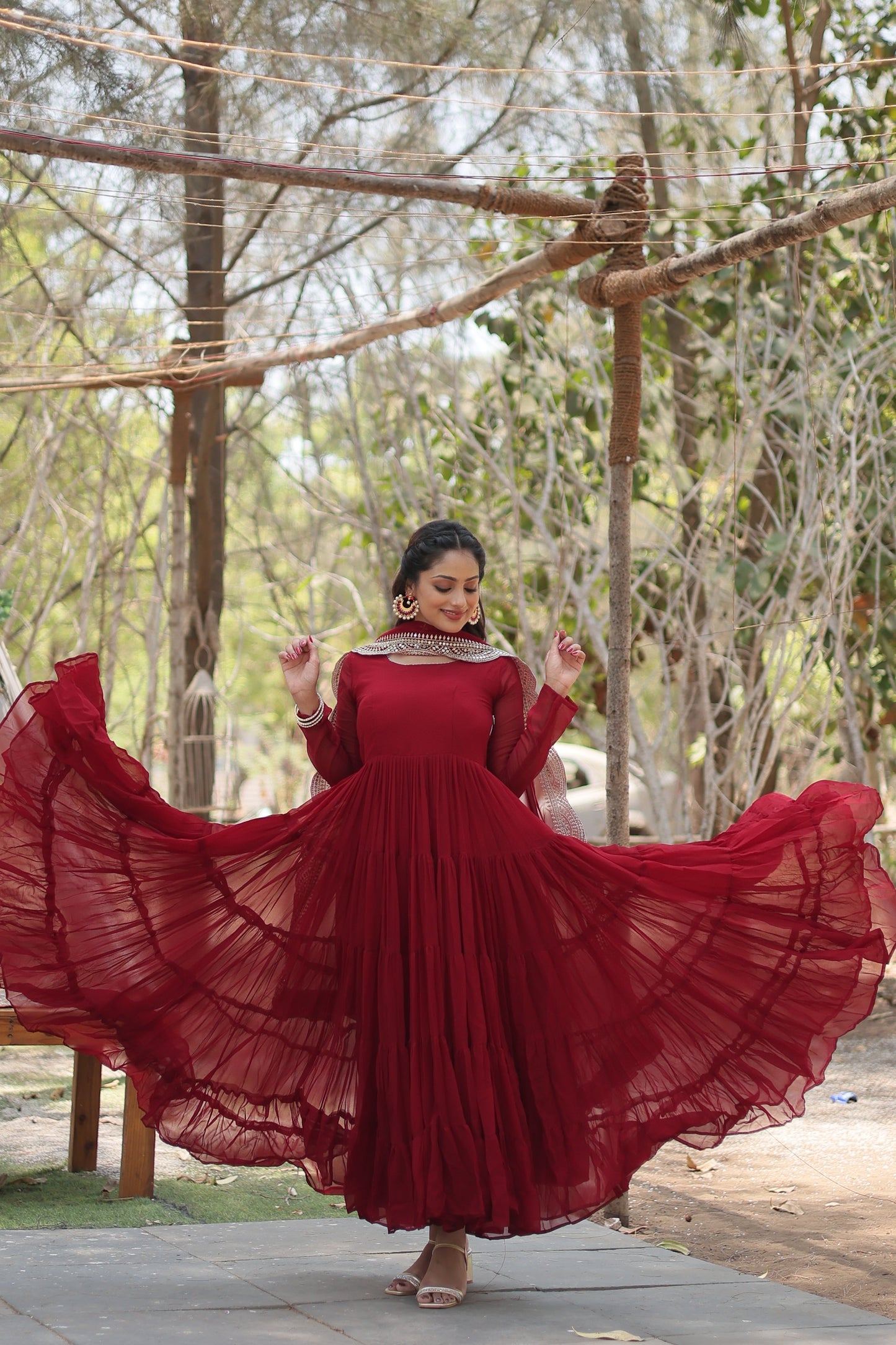 Desirable Women's Fully Flaired Gown Made With Faux Georgette Fabrics and Designer Embroidered Dupatta