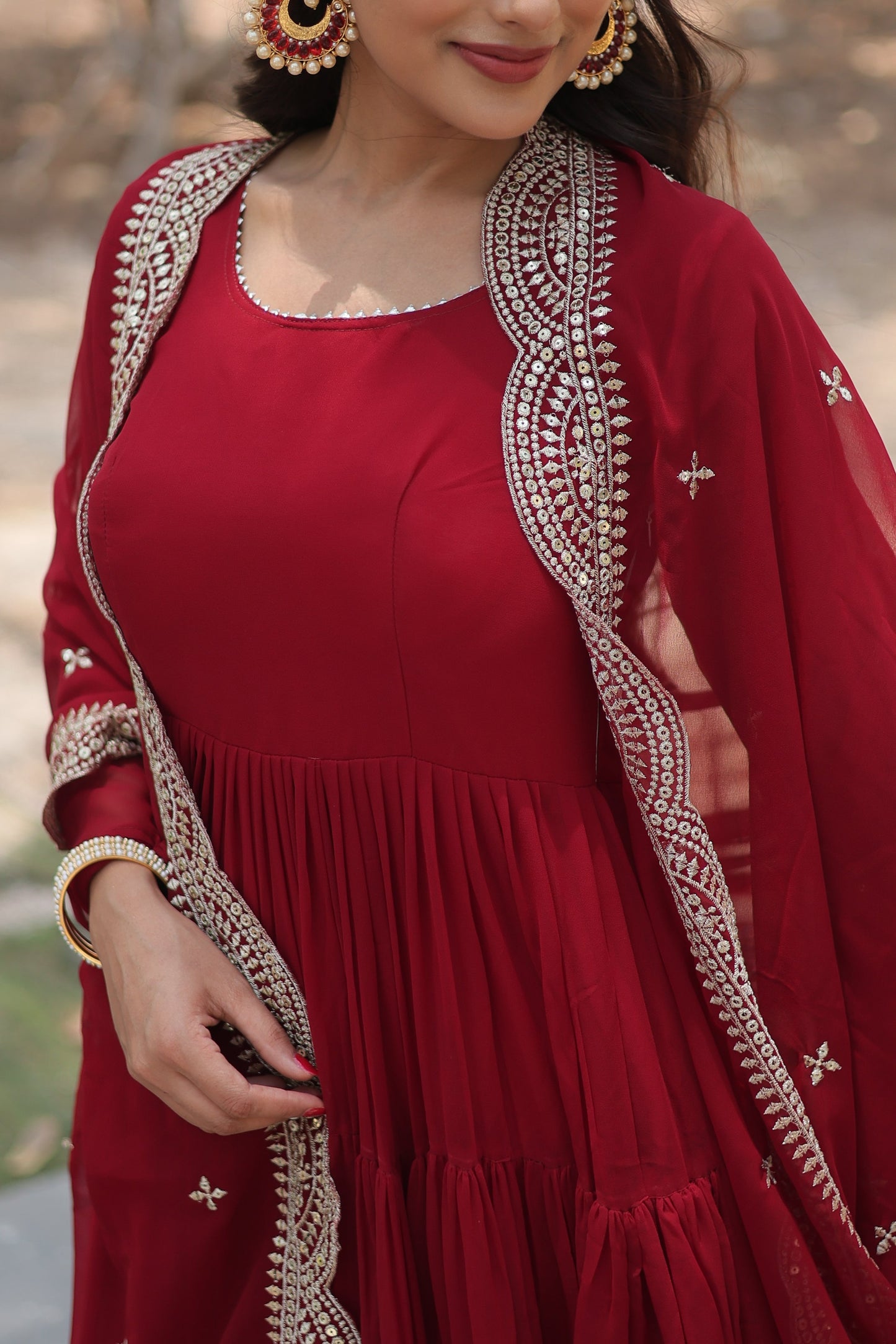 Desirable Women's Fully Flaired Gown Made With Faux Georgette Fabrics and Designer Embroidered Dupatta