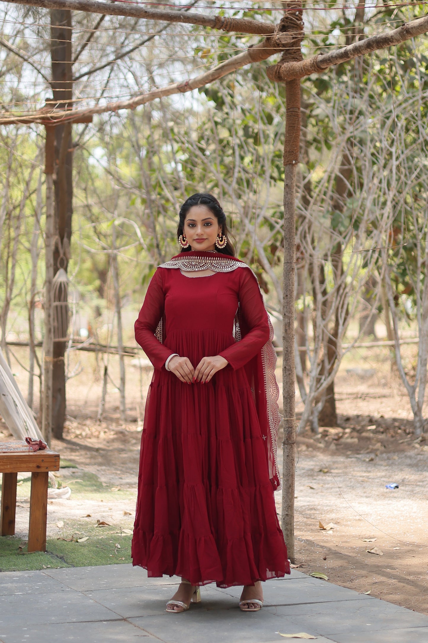 Desirable Women's Fully Flaired Gown Made With Faux Georgette Fabrics and Designer Embroidered Dupatta