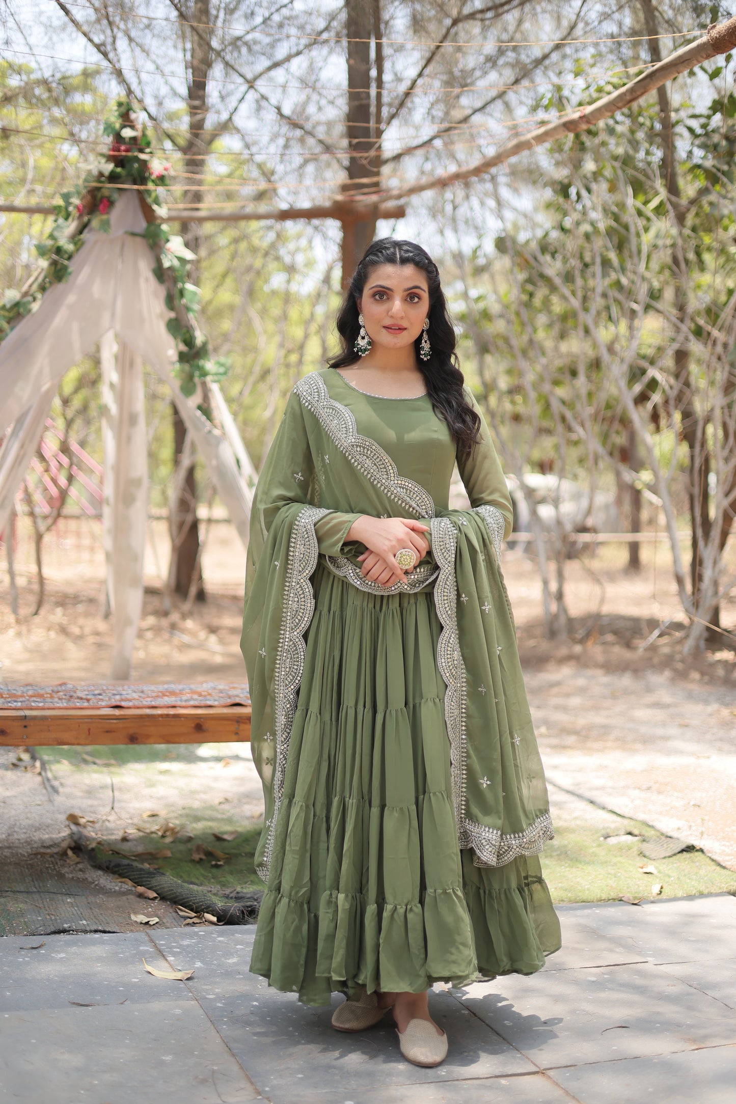 Desirable Women's Fully Flaired Gown Made With Faux Georgette Fabrics and Designer Embroidered Dupatta