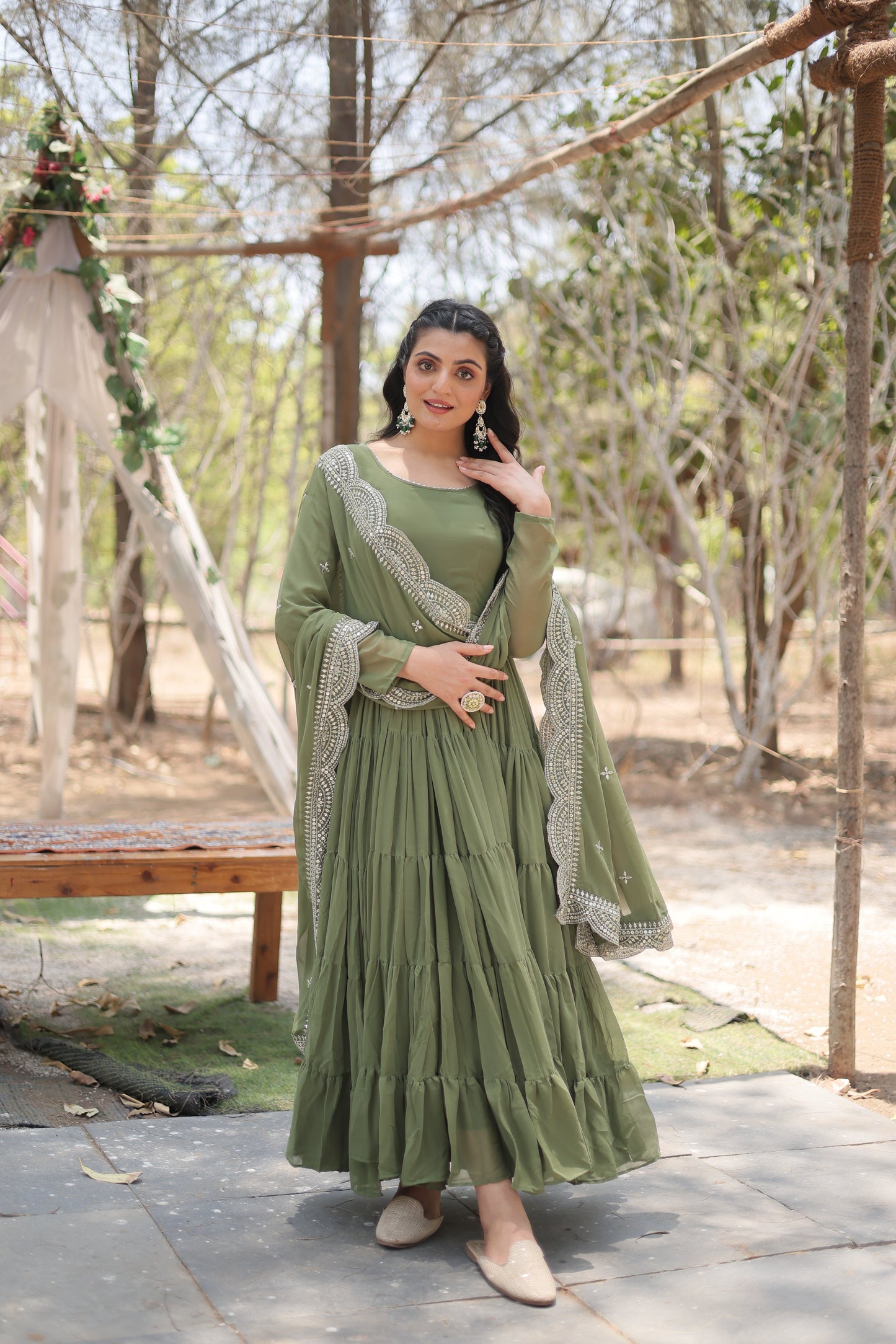 Desirable Women's Fully Flaired Gown Made With Faux Georgette Fabrics and Designer Embroidered Dupatta