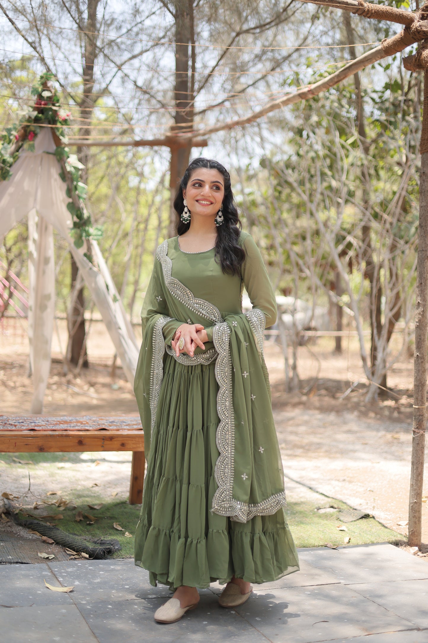 Desirable Women's Fully Flaired Gown Made With Faux Georgette Fabrics and Designer Embroidered Dupatta