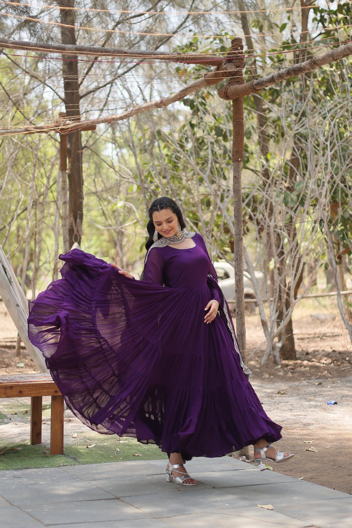 Desirable Women's Fully Flaired Gown Made With Faux Georgette Fabrics and Designer Embroidered Dupatta