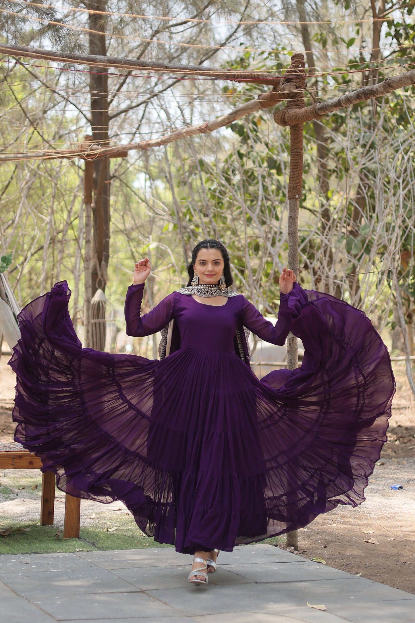 Desirable Women's Fully Flaired Gown Made With Faux Georgette Fabrics and Designer Embroidered Dupatta