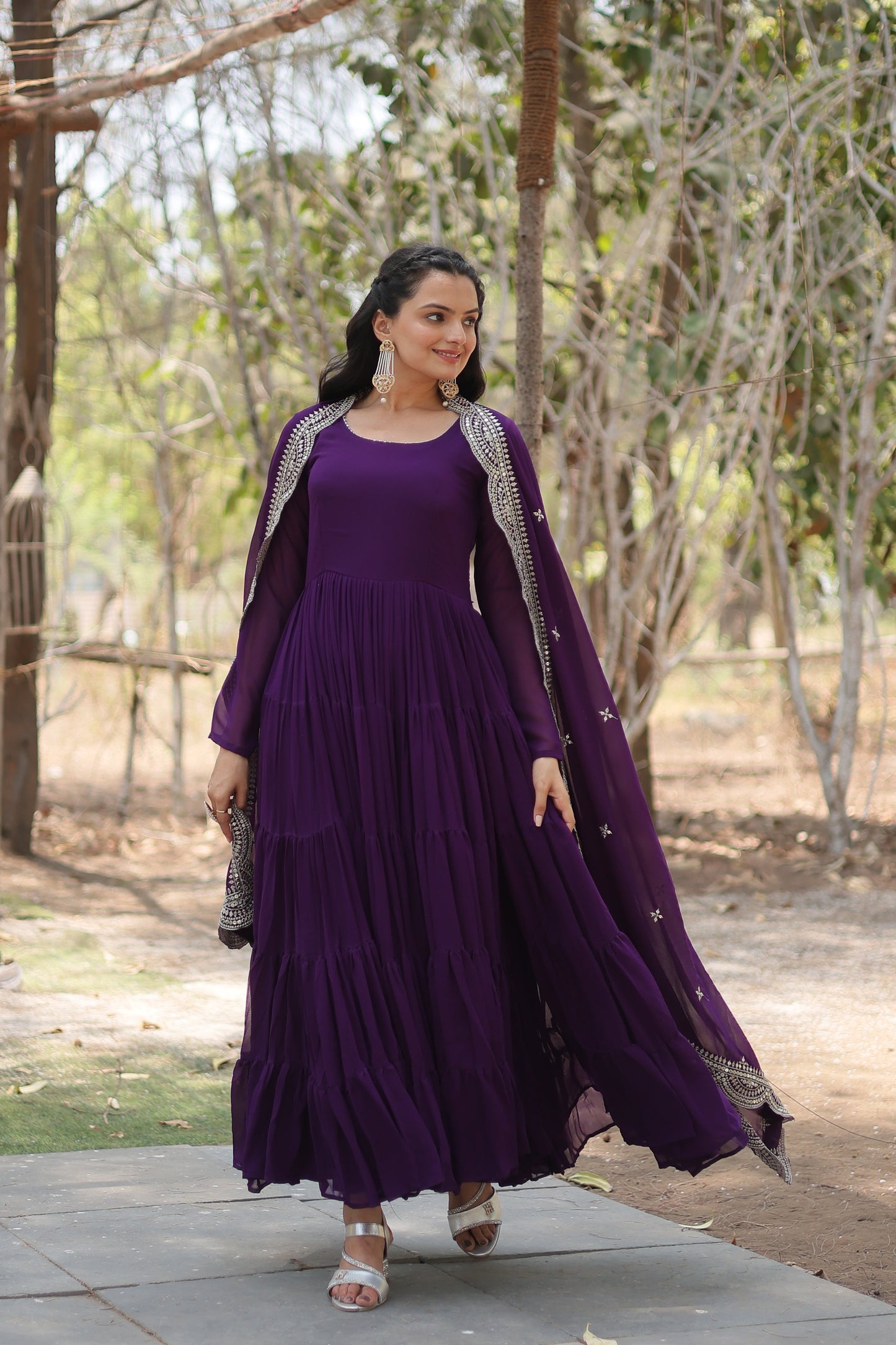 Desirable Women's Fully Flaired Gown Made With Faux Georgette Fabrics and Designer Embroidered Dupatta