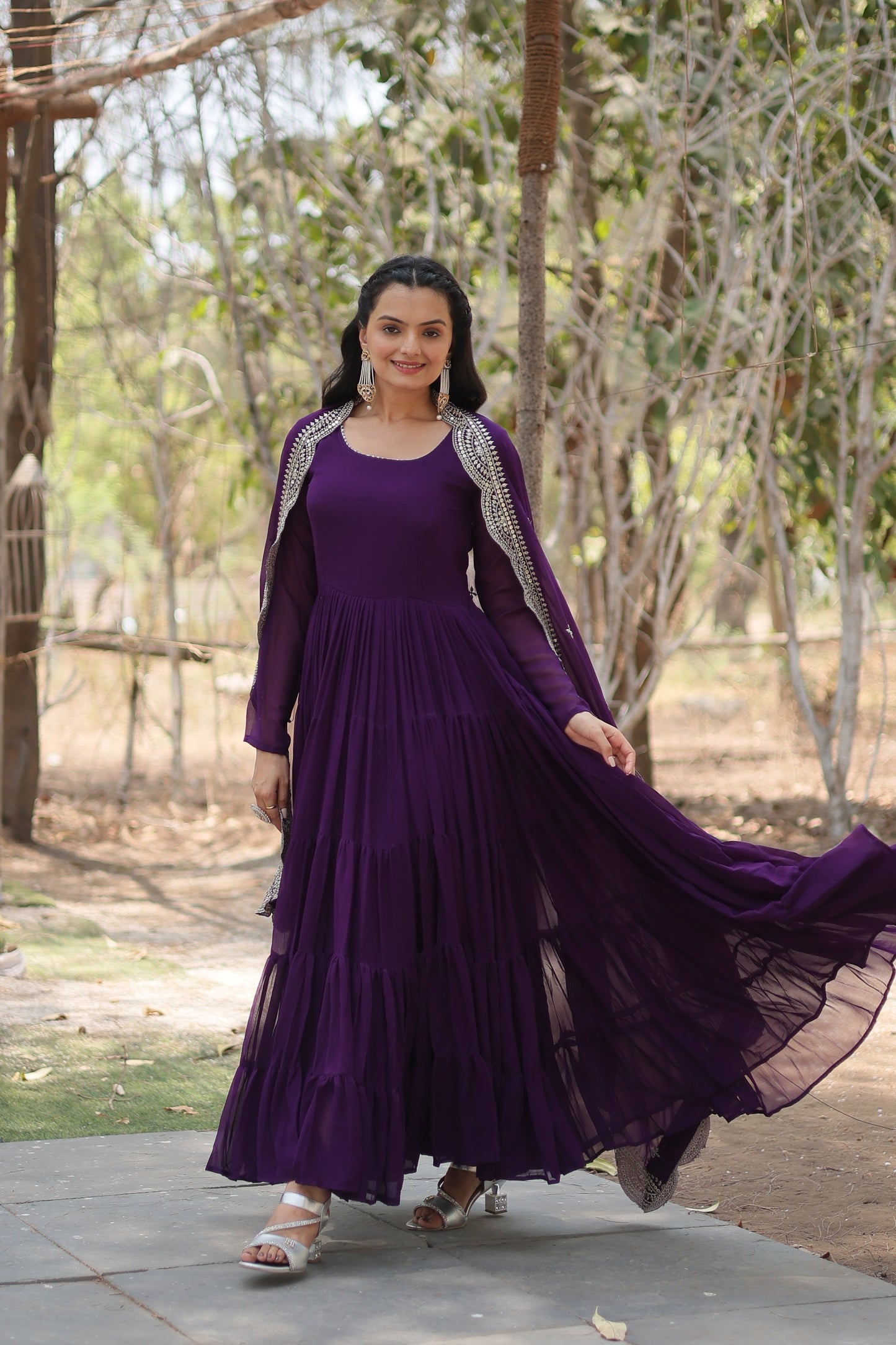 Desirable Women's Fully Flaired Gown Made With Faux Georgette Fabrics and Designer Embroidered Dupatta