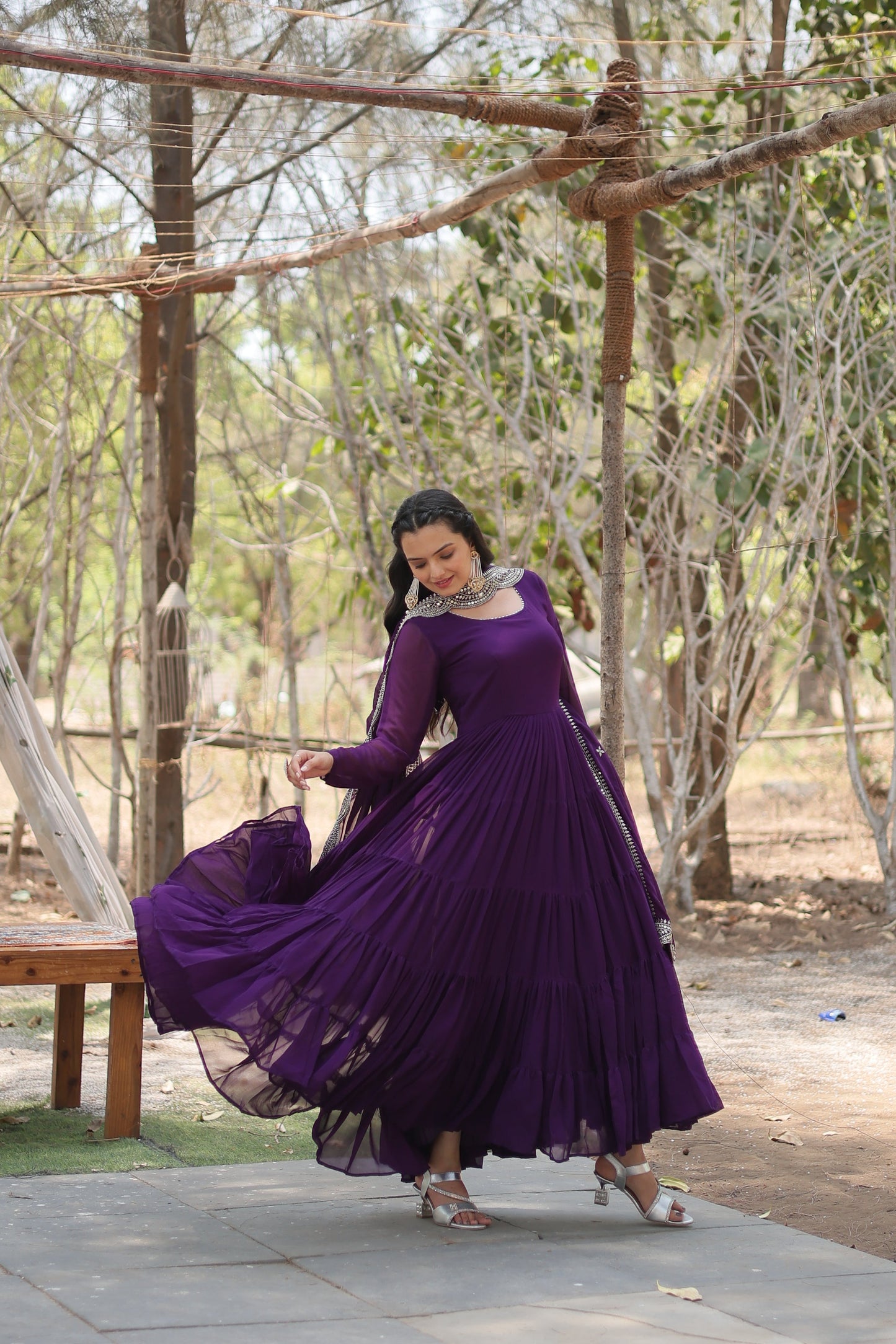 Desirable Women's Fully Flaired Gown Made With Faux Georgette Fabrics and Designer Embroidered Dupatta