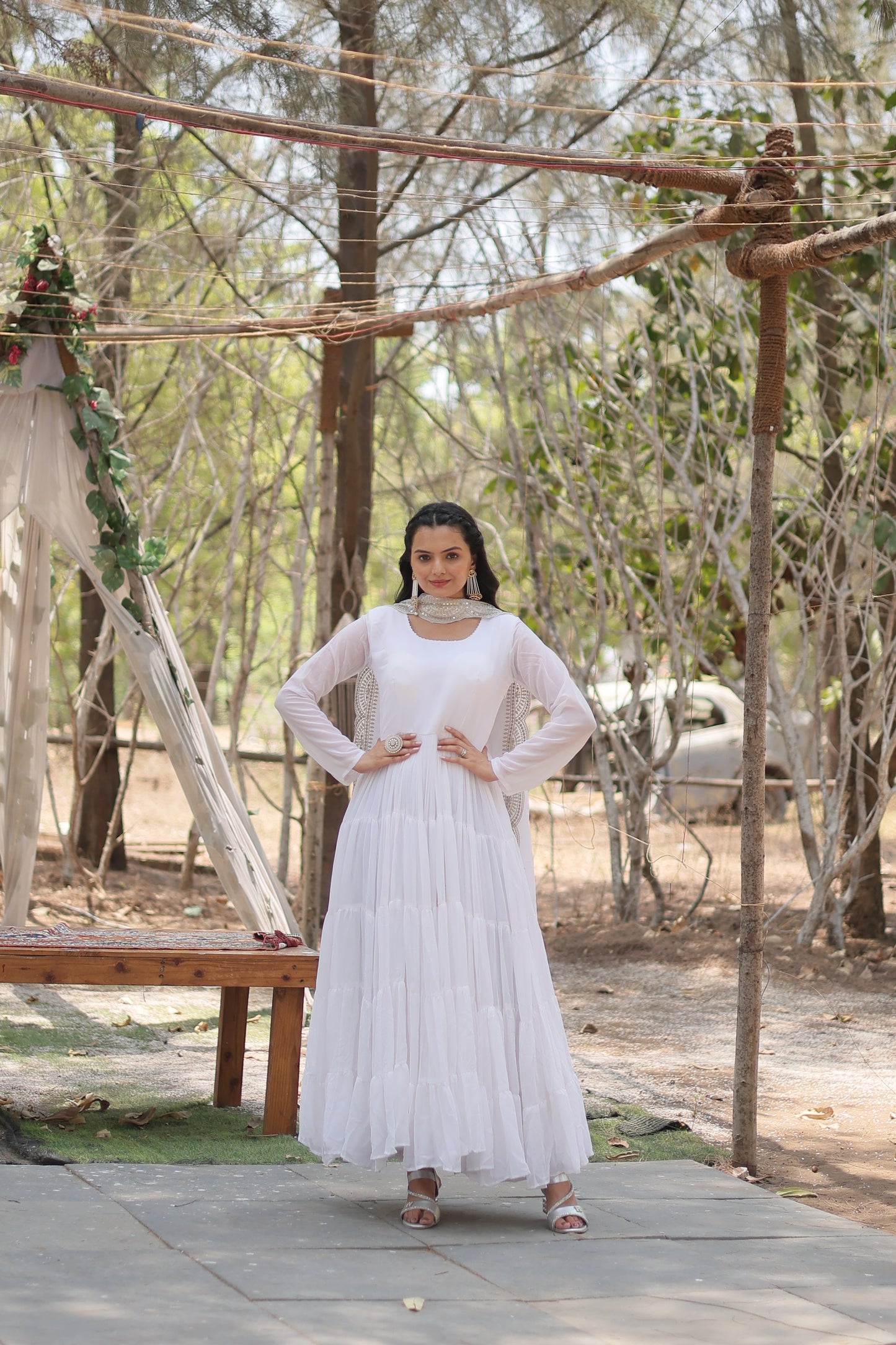 Desirable Women's Fully Flaired Gown Made With Faux Georgette Fabrics and Designer Embroidered Dupatta