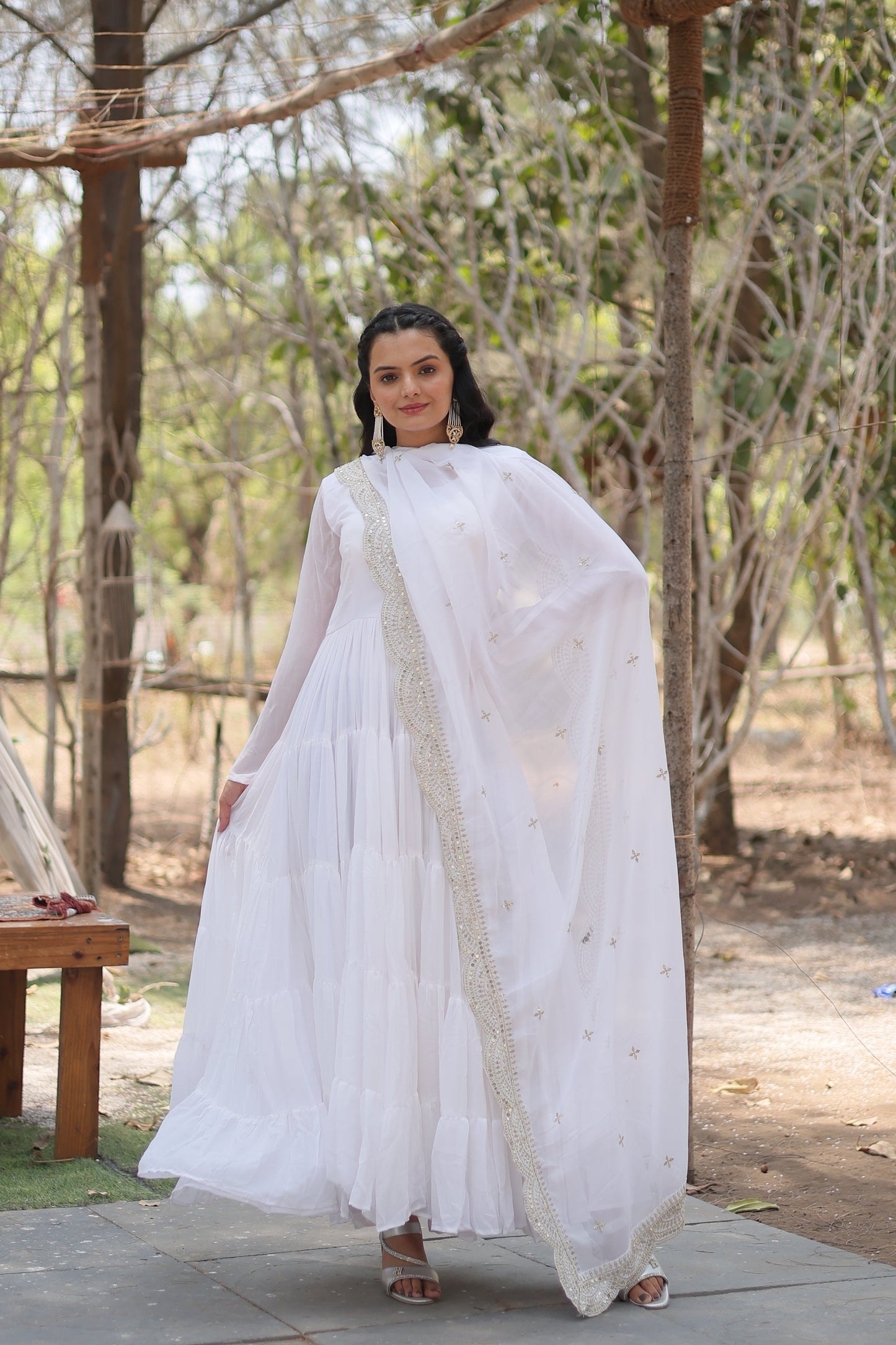Desirable Women's Fully Flaired Gown Made With Faux Georgette Fabrics and Designer Embroidered Dupatta