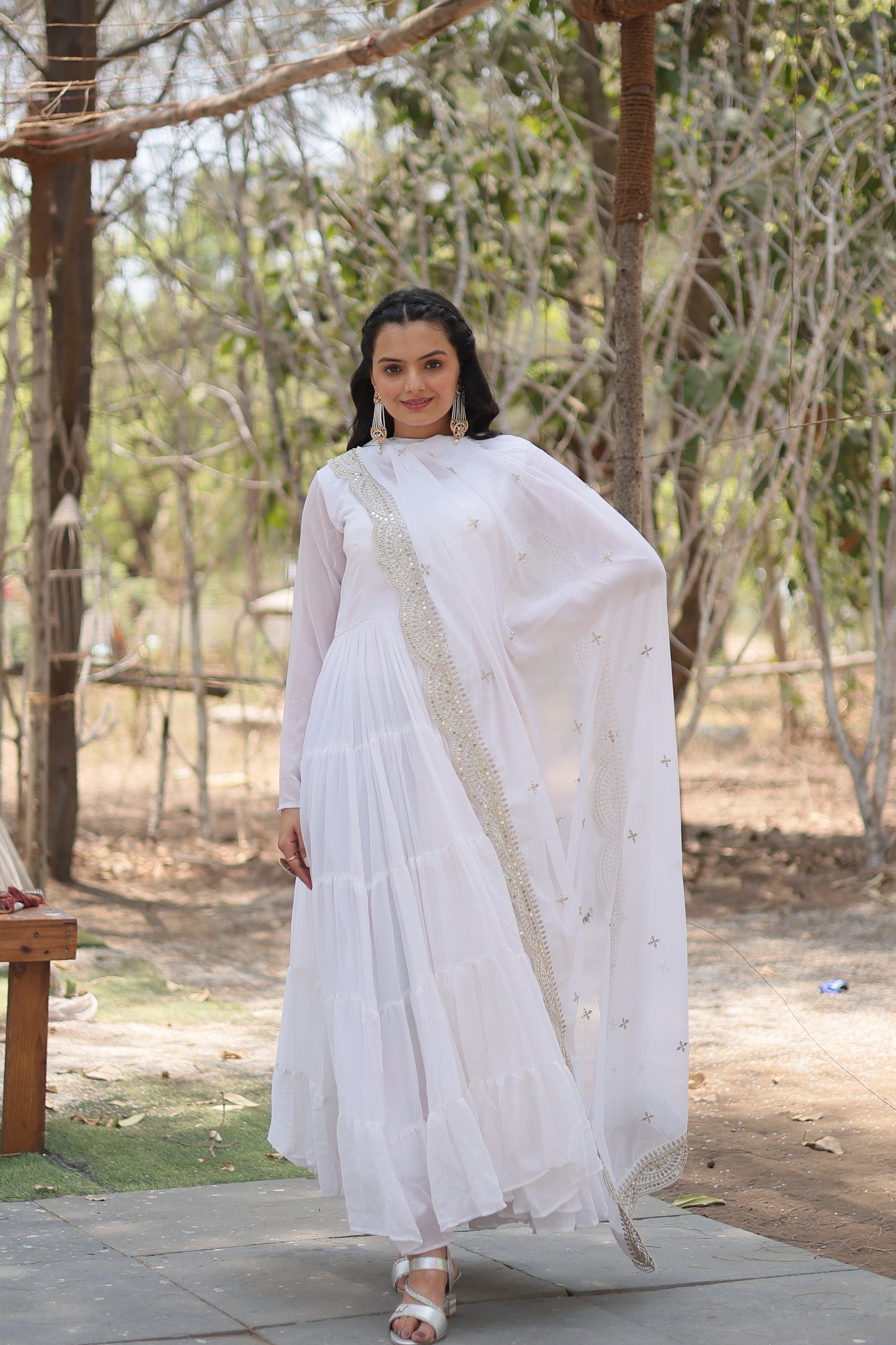 Desirable Women's Fully Flaired Gown Made With Faux Georgette Fabrics and Designer Embroidered Dupatta