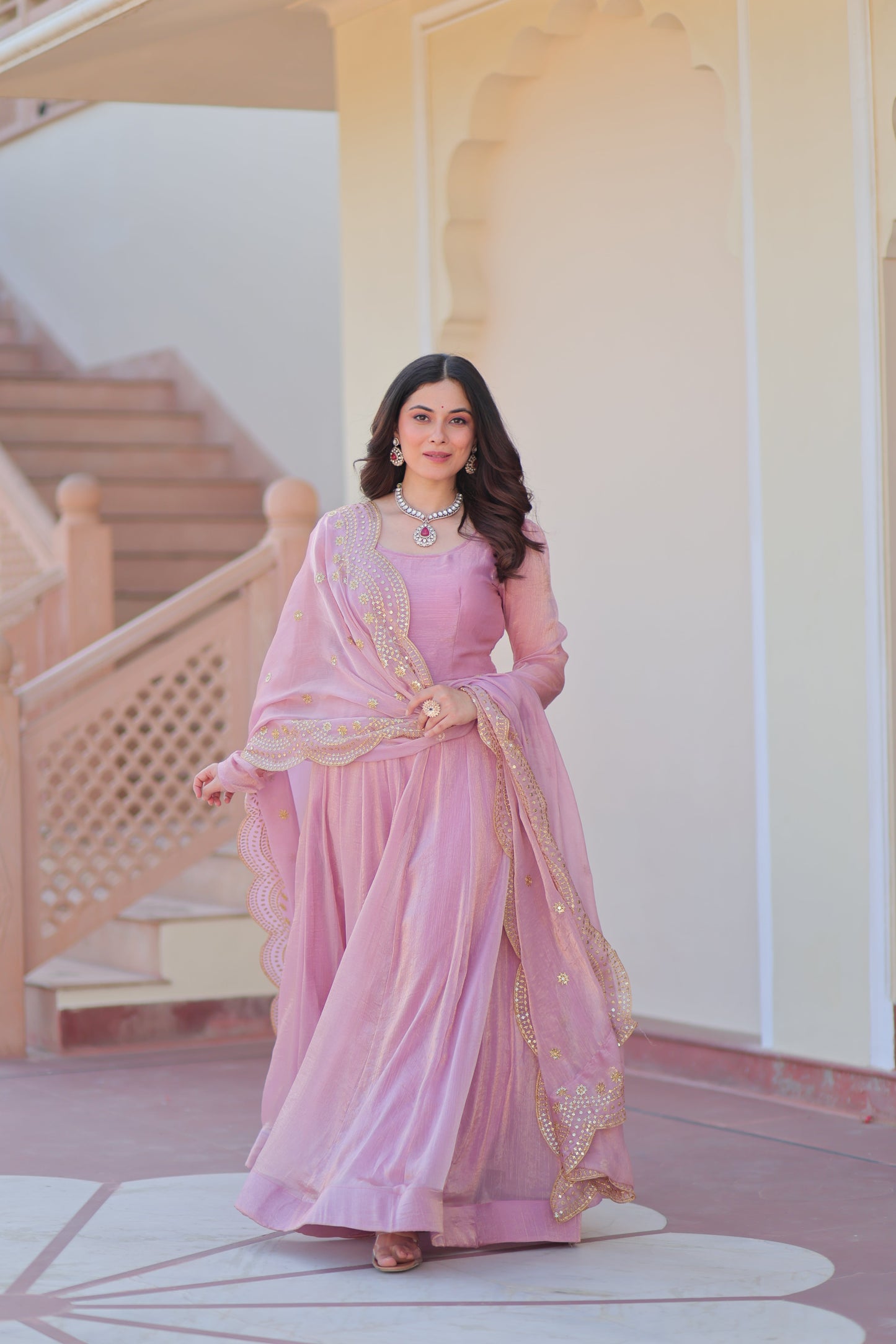 🤳🏻 PREMIUM READYMADE GOWN-DUPATTA COLLECTIONS 2025 💃🏻 💗 Fendy Chiffon gown with Sequins-Multi Embroidered Work Dupatta, it Designed to flatter all body types, gowns for women combine the best parts of western and Indian wear into one stunning ensemble. 💝