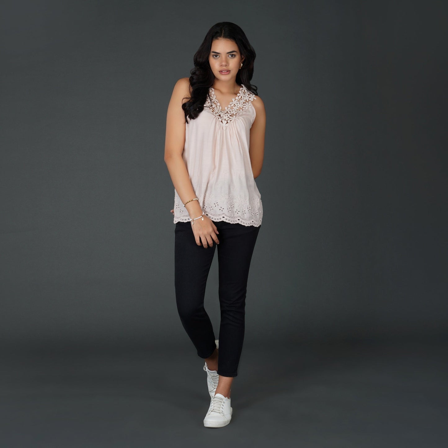 Misty Rose Pink Sleeveless Top with Crochet Lace and Schiffli Embroidery
