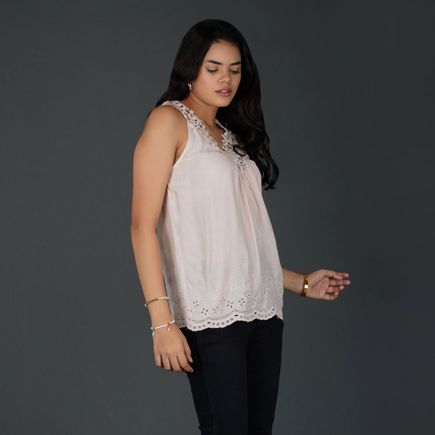 Misty Rose Pink Sleeveless Top with Crochet Lace and Schiffli Embroidery