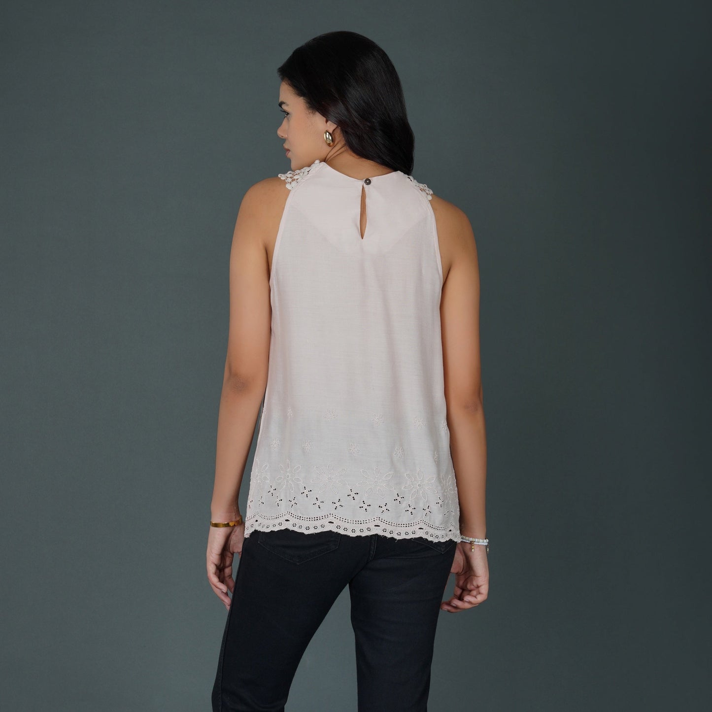 Misty Rose Pink Sleeveless Top with Crochet Lace and Schiffli Embroidery