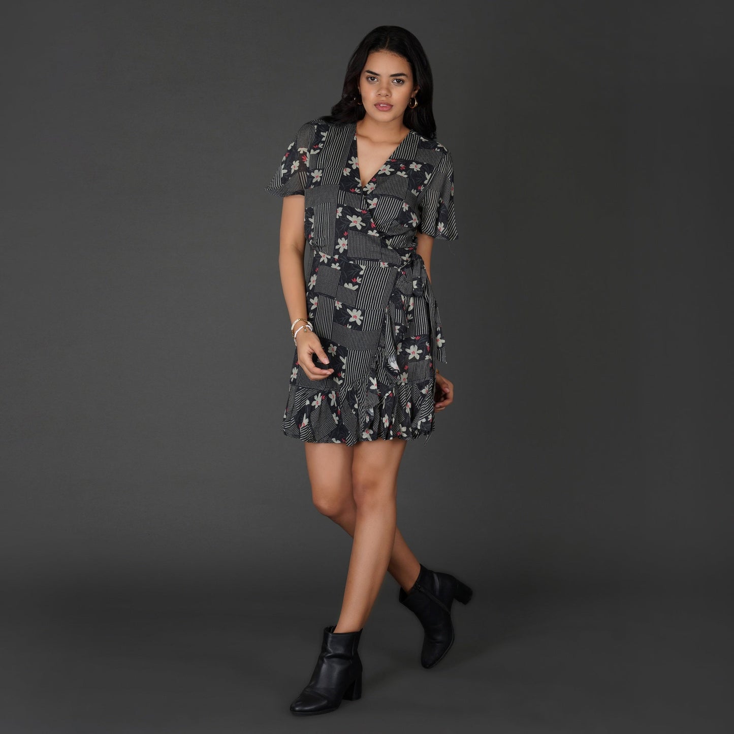 Monochrome Floral Printed Wrap Dress