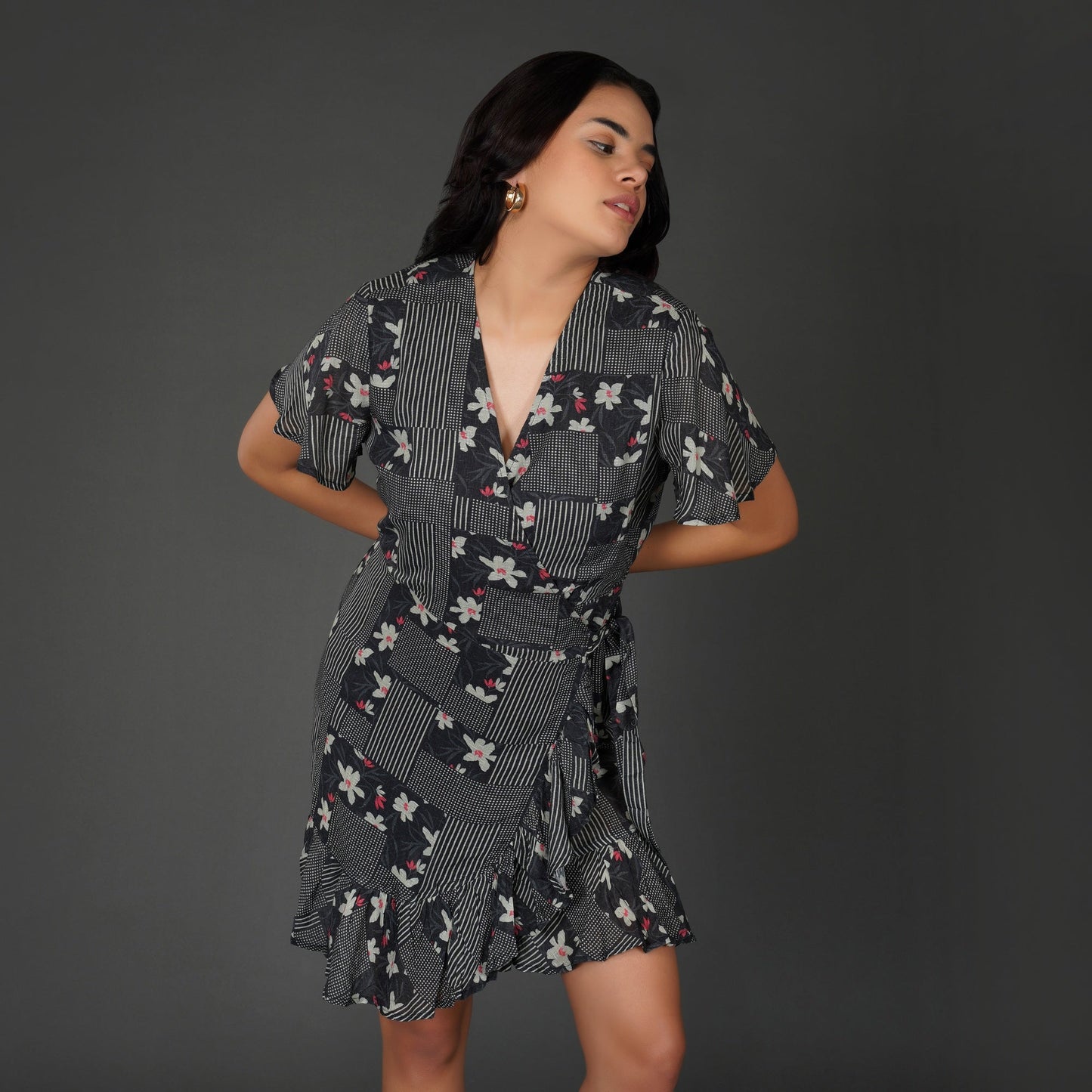 Monochrome Floral Printed Wrap Dress