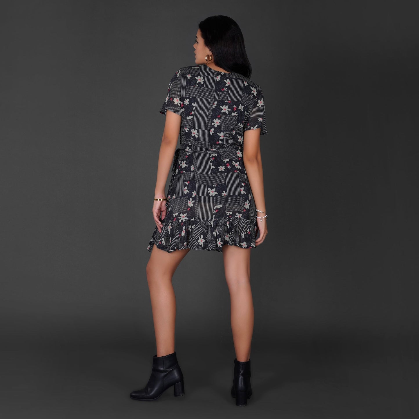 Monochrome Floral Printed Wrap Dress